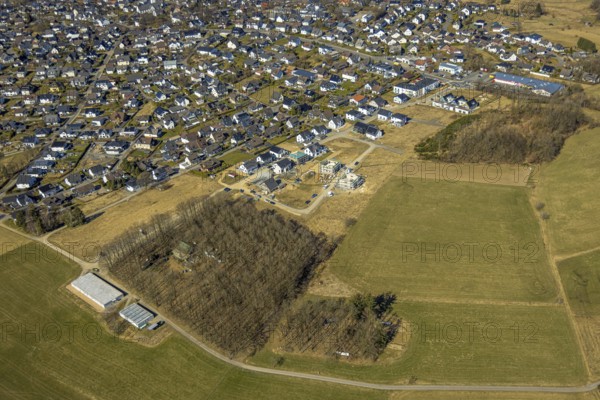 Aerial view, new construction site, residential area Über der Delle, wooded area at Karl-Arnold-Straße 33, training ground Verein Deutsche Schäferhunde e.V., Hünsborn, Wenden, Sauerland, North Rhine-Westphalia, Germany, DE, Europe, property tax, real estate, aerial view, aerial photography, aerial photography, overview, bird's eye view, residential complex, housing and living, residential area, residential quality, residential neighbourhood, housing estate, residential district, birds-eyes view, overview