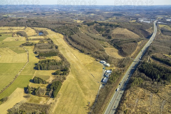 Aerial view, Hünsborn airfield runway and landing strip, forest area and motorway A45, Hünsborn, Wenden, Sauerland, North Rhine-Westphalia, Germany, DE, Europe, airport, aerial view, aerial photography, aerial photography, overview, bird's-eye view, overview