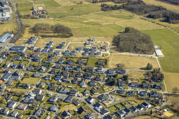 Aerial view, residential area, new construction single-family house, housing estate Über der Delle with day care centre GFO Kindergarten St. Anna Hünsborn, Hünsborn, Wenden, Sauerland, North Rhine-Westphalia, Germany, DE, Europe, property tax, real estate, kindergarten, day care centre, day care centre, aerial view, aerial photography, aerial photography, overview, bird's eye view, residential complex, living and living, residential area, residential quality, residential quarter, housing estate, residential district, birds-eyes view, overview