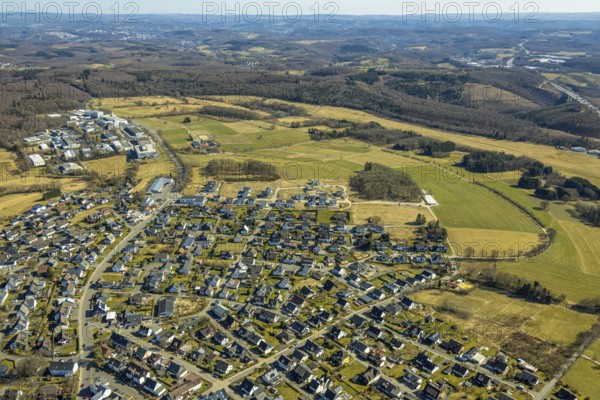 Aerial view, residential area, new construction single-family house, housing estate Über der Delle with day care centre GFO Kindergarten St. Anna Hünsborn, Hünsborn, Wenden, Sauerland, North Rhine-Westphalia, Germany, DE, Europe, property tax, real estate, kindergarten, day care centre, day care centre, aerial view, aerial photography, aerial photography, overview, bird's eye view, residential complex, living and living, residential area, residential quality, residential quarter, housing estate, residential district, birds-eyes view, overview