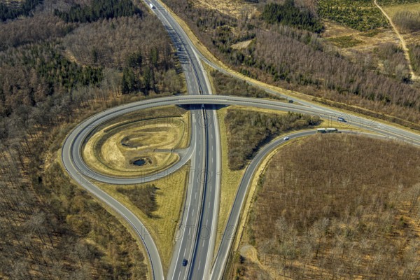 Aerial view, motorway junction Krombach, motorway A4 and federal road B54, border triangle, Schönau, Wenden, Sauerland, North Rhine-Westphalia, Germany, DE, Europe, aerial view, aerial photography, aerial photography, overview, bird's-eye view, overview