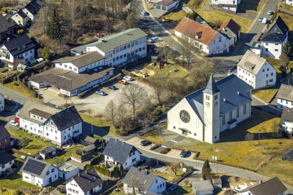 Aerial view, Family Centre Kleine Strolche Altenhof Kindergarten, St. Marien Kirche Altenhof, Altenhof, Wenden, Sauerland, North Rhine-Westphalia, Germany, place of worship, DE, Europe, place of worship, holy place, kindergarten, day-care facility, day-care centre, church, church community, day-care centre, aerial photograph, aerial photography, aerial photography, religion, religious site, school, overview, bird's-eye view, overview