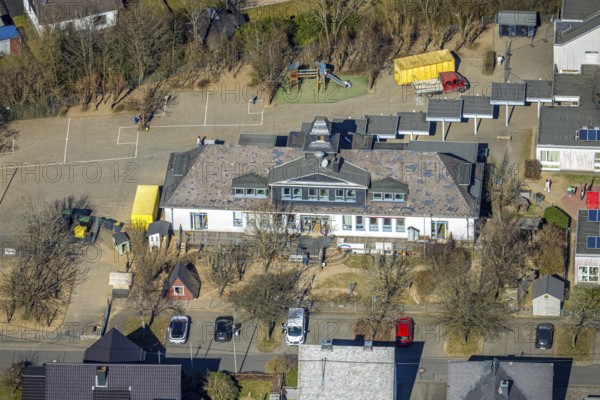 Aerial view, day care centre Unterm Regenbogen, Kardinal-Jäger-Straße, Hünsborn, Wenden, Sauerland, North Rhine-Westphalia, Germany, DE, Europe, kindergarten, day care facility, day care centre, aerial photograph, aerial photography, aerial photography, overview, bird's-eye view, overview