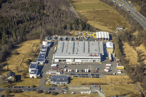 Aerial view, commercial area Hünsborn Süd-West Rheinauer Straße with WeberHaus GmbH Hünsborn, Wenden, Sauerland, North Rhine-Westphalia, Germany, DE, Europe, commercial enterprises, commercial space, commercial area, commercial property, commercial site, commercial use, industrial area, industrial site, aerial photograph, aerial photography, aerial photography, overview, bird's-eye view, bird's-eye view, overview
