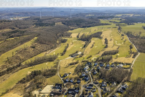 Aerial view, golf course Dörnscheid, Golfclub Siegen-Olpe, golf meadow and bunker with golf player, Römershagen, Wenden, Sauerland, North Rhine-Westphalia, Germany, DE, Europe, aerial view, aerial photography, aerial photography, overview, bird's-eye view, overview