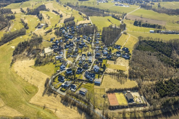 Aerial view, golf course Dörnscheid, Golfclub Siegen-Olpe, golf meadow and bunker with golf player, Römershagen, Wenden, Sauerland, North Rhine-Westphalia, Germany, DE, Europe, aerial view, aerial photography, aerial photography, overview, bird's-eye view, overview