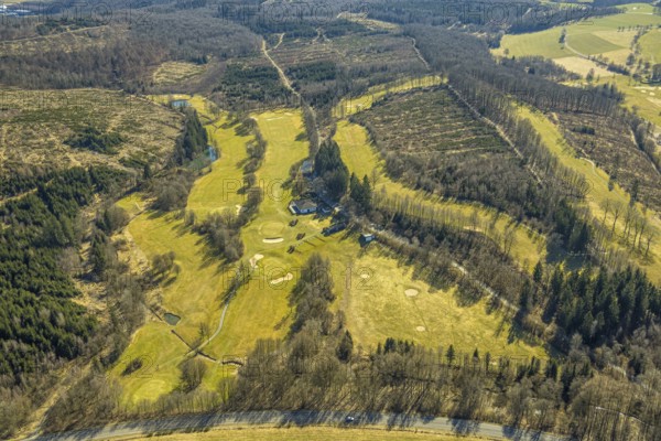 Aerial view, golf course Dörnscheid, Golfclub Siegen-Olpe, golf meadow and bunker with golf player, Ottfingen, Wenden, Sauerland, North Rhine-Westphalia, Germany, DE, Europe, aerial view, aerial photography, aerial photography, overview, bird's-eye view, overview