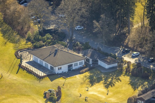 Aerial view, golf course Dörnscheid, Golfclub Siegen-Olpe, golf meadow and bunker with golf players, clubhouse, Ottfingen, Wenden, Sauerland, North Rhine-Westphalia, Germany, DE, Europe, aerial view, aerial photography, aerial photography, overview, bird's-eye view, overview