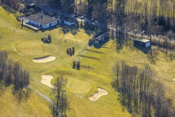 Aerial view, golf course Dörnscheid, Golfclub Siegen-Olpe, golf meadow and bunker with golf player, Ottfingen, Wenden, Sauerland, North Rhine-Westphalia, Germany, DE, Europe, aerial view, aerial photography, aerial photography, overview, bird's-eye view, overview