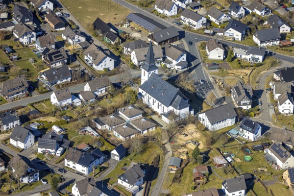 Aerial view, catholic church and catholic kindergarten St.Hubertus, Ottfingen, Wenden, Sauerland, North Rhine-Westphalia, Germany, place of worship, DE, Europe, place of worship, holy place, kindergarten, day care centre, day care centre, church, church community, day care centre, aerial view, aerial photography, aerial photography, religion, religious site, overview, bird's-eye view, overview