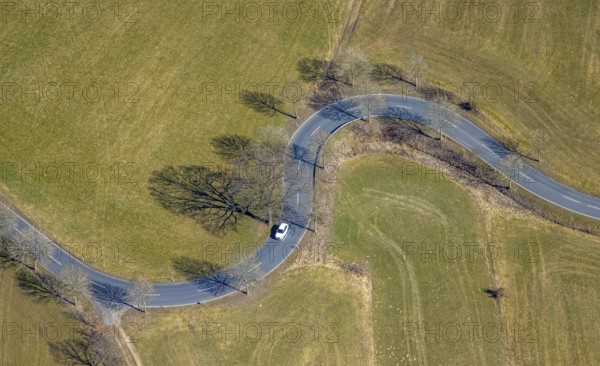 Aerial view, S-curve with cars and trees, shapes and colours, Hubertusstraße, Ottfingen, Wenden, Sauerland, North Rhine-Westphalia, Germany, DE, Europe, aerial view, aerial photography, aerial photography, overview, bird's-eye view, overview