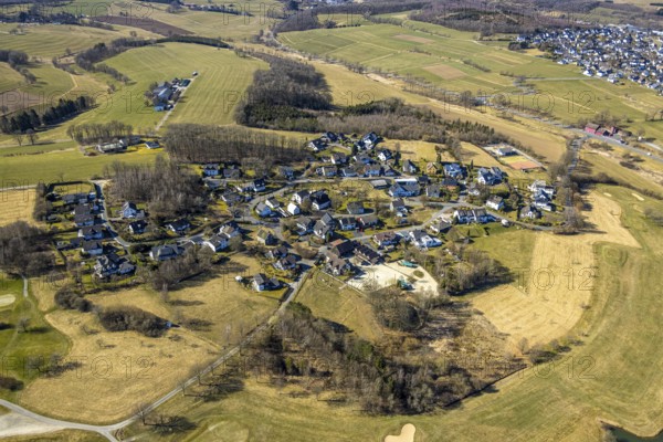 Aerial view, golf course Dörnscheid, Golfclub Siegen-Olpe, golf meadow and bunker with golf player, Römershagen, Wenden, Sauerland, North Rhine-Westphalia, Germany, DE, Europe, aerial view, aerial photography, aerial photography, overview, bird's-eye view, overview