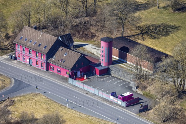 Aerial view, nudist club Schlaraffenland, pink-coloured red light district Wilhelmstal, state road L512, Römershagen, Wenden, Sauerland, North Rhine-Westphalia, Germany, DE, Europe, aerial view, aerial photography, aerial photography, red light district, sauna club, tower, overview, bird's-eye view, overview, prostitution, sex work