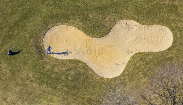 Aerial view, golf course Dörnscheid, Golfclub Siegen-Olpe, golf meadow and bunker with golf player, Römershagen, Wenden, Sauerland, North Rhine-Westphalia, Germany, DE, Europe, aerial view, aerial photography, aerial photography, overview, bird's-eye view, overview