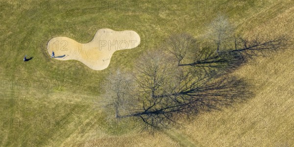 Aerial view, golf course Dörnscheid, Golfclub Siegen-Olpe, golf meadow and bunker with golf player, Römershagen, Wenden, Sauerland, North Rhine-Westphalia, Germany, DE, Europe, aerial view, aerial photography, aerial photography, overview, bird's-eye view, overview