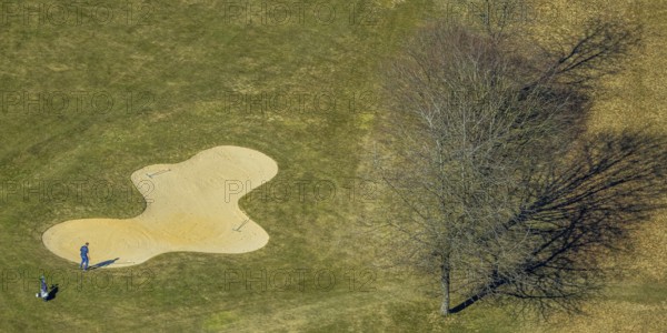 Aerial view, golf course Dörnscheid, Golfclub Siegen-Olpe, golf meadow and bunker with golf player, Römershagen, Wenden, Sauerland, North Rhine-Westphalia, Germany, DE, Europe, aerial view, aerial photography, aerial photography, overview, bird's-eye view, overview