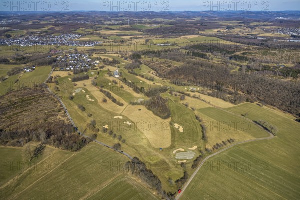 Aerial view, golf course Dörnscheid, Golfclub Siegen-Olpe, golf meadow and bunker with golf player, general view and distant view, Römershagen, Wenden, Sauerland, North Rhine-Westphalia, Germany, DE, Europe, aerial view, aerial photography, aerial photography, overview, bird's-eye view, overview