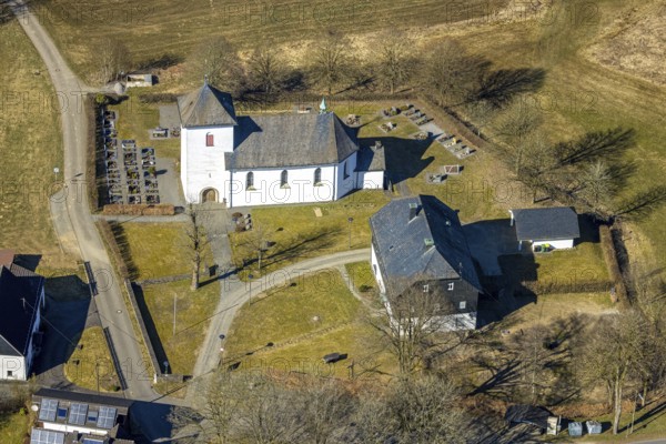 Aerial view, St. Mary's Catholic Church and cemetery, Römershagen, Wenden, Sauerland, North Rhine-Westphalia, Germany, place of worship, DE, Europe, cemetery, memorial, place of worship, house of God, graves, burial ground, sacred site, church, parish, aerial photograph, aerial photography, aerial photography, religion, religious site, resting place, overview, bird's-eye view, overview