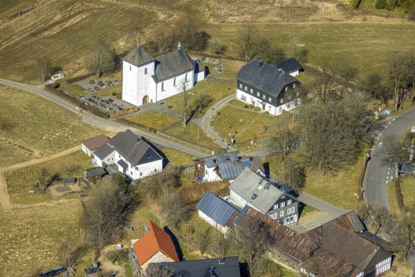 Aerial view, St. Mary's Catholic Church and cemetery, Römershagen, Wenden, Sauerland, North Rhine-Westphalia, Germany, place of worship, DE, Europe, cemetery, memorial, place of worship, house of God, graves, burial ground, sacred site, church, parish, aerial photograph, aerial photography, aerial photography, religion, religious site, resting place, overview, bird's-eye view, overview