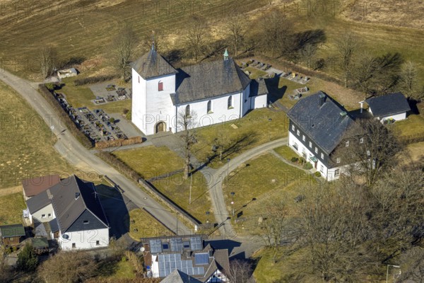 Aerial view, St. Mary's Catholic Church and cemetery, Römershagen, Wenden, Sauerland, North Rhine-Westphalia, Germany, place of worship, DE, Europe, cemetery, memorial, place of worship, house of God, graves, burial ground, sacred site, church, parish, aerial photograph, aerial photography, aerial photography, religion, religious site, resting place, overview, bird's-eye view, overview