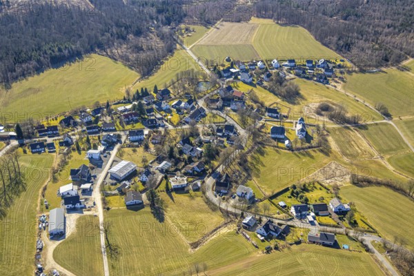 Aerial view, residential area local view Römershagen, surrounded by meadows and fields, Römershagen, Wenden, Sauerland, North Rhine-Westphalia, Germany, DE, Europe, property tax, real estate, aerial view, aerial photography, aerial photography, overview, bird's-eye view, residential complex, living and life, residential area, residential quality, residential neighbourhood, housing estate, residential district, birds-eyes view, overview