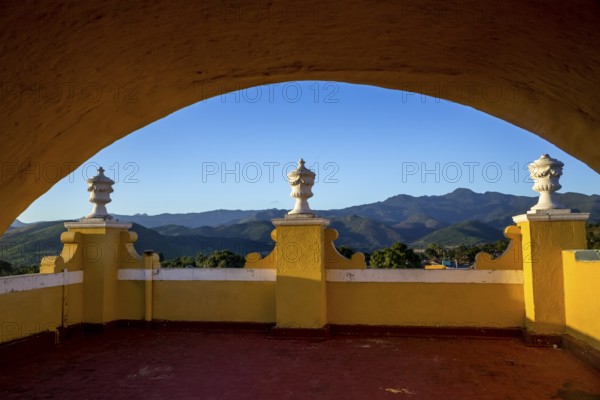 View of the city of Trinidad from the bell tower of the Convento de San Francisco de Asis church, balcony with columns, Trinidad, Cuba, Sancti Spíritus, Sancti Spíritus