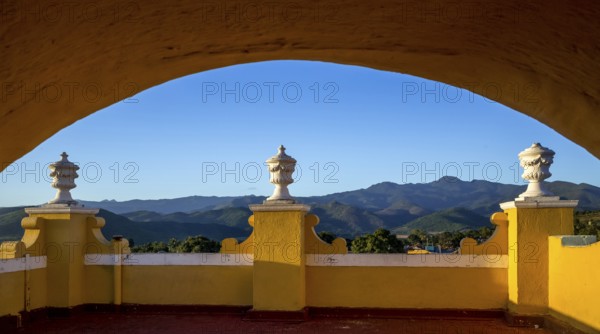 View of the city of Trinidad from the bell tower of the Convento de San Francisco de Asis church, balcony with columns, Trinidad, Cuba, Sancti Spíritus, Sancti Spíritus
