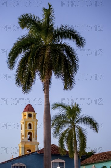 Church Convento de San Francisco de Asis of Trinidad with palm trees in the blue hour, Trinidad, Cuba, Sancti Spíritus, Cuba, Sancti Spíritus