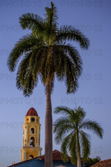 Church Convento de San Francisco de Asis of Trinidad with palm trees in the blue hour, Trinidad, Cuba, Sancti Spíritus, Cuba, Sancti Spíritus