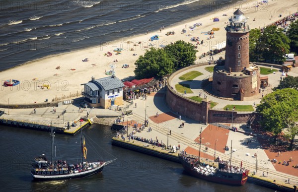 KoÅ'obrzeg, Kolobrzeg, lighthouse with bastion, Baltic Sea beach, Baltic Sea coast, Województwo zachodniopomorskie, Poland, Kolobrzeg, Województwo zachodniopomorskie, PL, Europe, aerial view, birds-eyes view, aerial photography, overview, bird's eye view, northern Poland