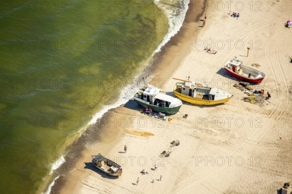 Sarbinowo, fishing, fishing boats lying on the beach, ships, Baltic Sea coast, Województwo zachodniopomorskie, Poland, Chlopy, Województwo zachodniopomorskie, PL, Europe, aerial view, birds-eyes view, aerial photography, aerial photography, overview, bird's eye view, northern Poland