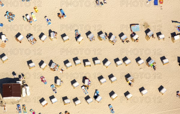 KoÅ'obrzeg, Kolobrzeg, beach chairs, beach, holidays, Baltic Sea beach, Baltic Sea coast, Województwo zachodniopomorskie, Poland, Kolobrzeg, Województwo zachodniopomorskie, PL, Europe, aerial view, birds-eyes view, aerial photography, aerial photography, overview, bird's eye view, northern Poland