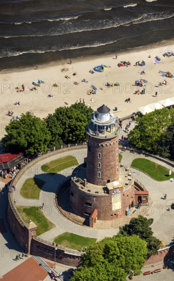 KoÅ'obrzeg, Kolobrzeg, lighthouse with bastion, Baltic Sea beach, Baltic Sea coast, Województwo zachodniopomorskie, Poland, Kolobrzeg, Województwo zachodniopomorskie, PL, Europe, aerial view, birds-eyes view, aerial photography, overview, bird's eye view, northern Poland