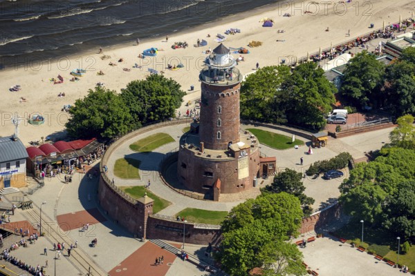 KoÅ'obrzeg, Kolobrzeg, lighthouse with bastion, Baltic Sea beach, Baltic Sea coast, Województwo zachodniopomorskie, Poland, Kolobrzeg, Województwo zachodniopomorskie, PL, Europe, aerial view, birds-eyes view, aerial photography, overview, bird's eye view, northern Poland