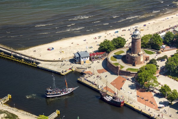 KoÅ'obrzeg, Kolobrzeg, lighthouse with bastion, Baltic Sea beach, Baltic Sea coast, Województwo zachodniopomorskie, Poland, Kolobrzeg, Województwo zachodniopomorskie, PL, Europe, aerial view, birds-eyes view, aerial photography, overview, bird's eye view, northern Poland