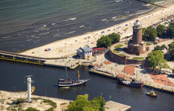KoÅ'obrzeg, Kolobrzeg, lighthouse with bastion, Baltic Sea beach, Baltic Sea coast, Województwo zachodniopomorskie, Poland, Kolobrzeg, Województwo zachodniopomorskie, PL, Europe, aerial view, birds-eyes view, aerial photography, overview, bird's eye view, northern Poland