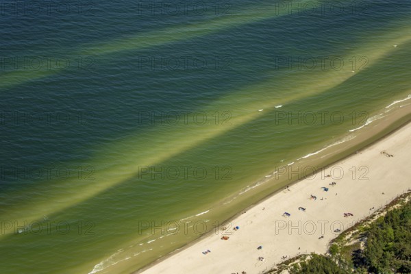 Bathers, Niechorze, Horst seaside resort, beach, Baltic Sea beach, Baltic Sea coast, Wojewóüdztwo zachodniopomorskie, Poland, Województwo zachodniopomorskie, PL, Europe, aerial view, birds-eyes view, aerial photography, aerial photography, overview, bird's eye view, northern Poland, blue water, holidays, recreation