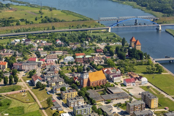 Wolin, Nikolai Church, bridge over the Dziwna, city centre, Baltic Sea coast, Województwo zachodniopomorskie, Poland, Województwo zachodniopomorskie, PL, Europe, aerial view, birds-eyes view, aerial photography, aerial photography, overview, bird's eye view, northern Poland