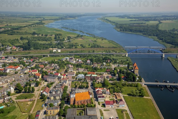 Wolin, Nikolai Church, bridge over the Dziwna, city centre, Baltic Sea coast, Województwo zachodniopomorskie, Poland, Województwo zachodniopomorskie, PL, Europe, aerial view, birds-eyes view, aerial photography, aerial photography, overview, bird's eye view, northern Poland
