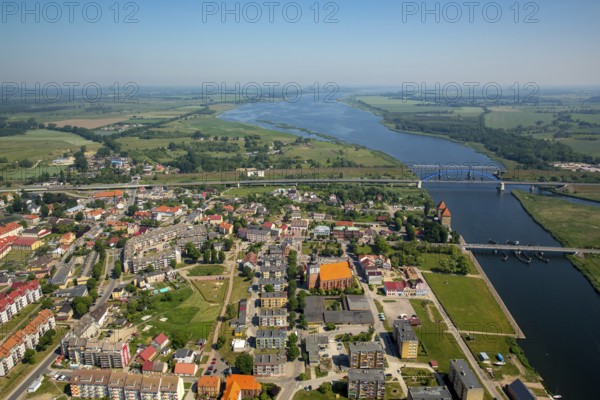 Wolin, Nikolai Church, bridge over the Dziwna, city centre, Baltic Sea coast, Województwo zachodniopomorskie, Poland, Województwo zachodniopomorskie, PL, Europe, aerial view, birds-eyes view, aerial photography, aerial photography, overview, bird's eye view, northern Poland
