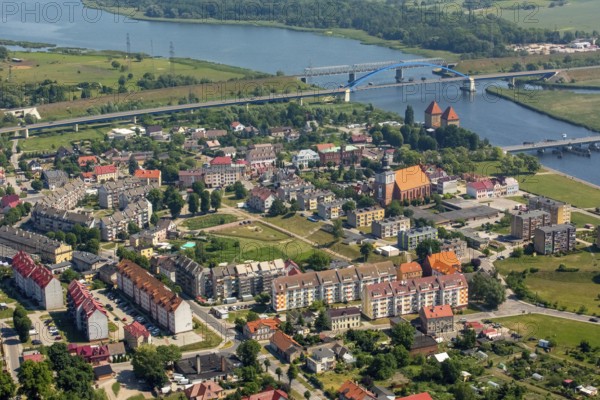 Wolin, Nikolai Church, bridge over the Dziwna, city centre, Baltic Sea coast, Województwo zachodniopomorskie, Poland, Województwo zachodniopomorskie, PL, Europe, aerial view, birds-eyes view, aerial photography, aerial photography, overview, bird's eye view, northern Poland