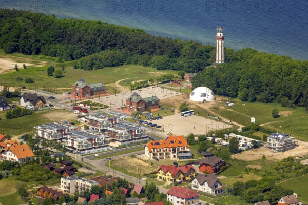 Gmina Karnice, with lighthouse at the Baltic Sea, Warnitz, Baltic Sea coast, Województwo zachodniopomorskie, Poland, Niechorze, Województwo zachodniopomorskie, PL, Europe, aerial view, birds-eyes view, aerial photography, overview, bird's eye view, northern Poland