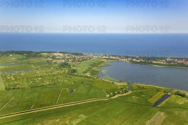 Gmina Karnice, with lighthouse at the Baltic Sea, Warnitz, Baltic Sea coast, Wojewóüdztwo zachodniopomorskie, Poland, Województwo zachodniopomorskie, PL, Europe, aerial view, birds-eyes view, aerial photography, overview, bird's eye view, northern Poland