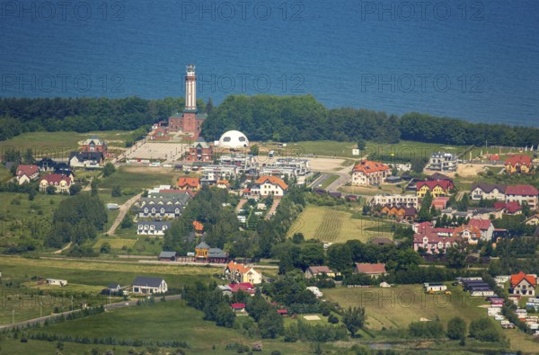 Gmina Karnice, with lighthouse at the Baltic Sea, Warnitz, Baltic Sea coast, Województwo zachodniopomorskie, Poland, Karnice, Województwo zachodniopomorskie, PL, Europe, aerial view, birds-eyes view, aerial photography, overview, bird's eye view, northern Poland