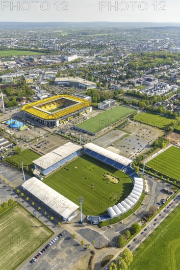 Aerial view, Aachener Tivoli, football stadium in Soers sports park, home ground of Alemannia Aachen football club, Circus-Theatre Roncalli circus tents, Chio Aachen stadium for equestrian tournament, Laurensberg, Aachen, Rhineland, North Rhine-Westphalia, Germany, football stadium, Soers sports park, home ground, football club, Alemannia Aachen, Circus Theatre Roncalli, circus tent, Chio Aachen Stadium, equestrian tournament, sport, architecture, leisure, entertainment, circus, football, equestrian sport, event venue, sports facility, urban, open-air, daytime, culture, event, panorama, landscape, leisure activities, sporting event, competition, tournament, infrastructure