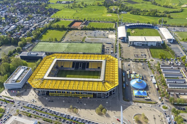 Aerial view, Aachener Tivoli, football stadium in Soers sports park, home ground of Alemannia Aachen football club, Circus-Theatre Roncalli circus tents, Chio Aachen stadium for equestrian tournament, Laurensberg, Aachen, Rhineland, North Rhine-Westphalia, Germany, football stadium, Soers sports park, home ground, football club, Alemannia Aachen, Circus Theatre Roncalli, circus tents, Chio Aachen Stadium, equestrian tournament, sport, leisure, architecture, venue, open-air, urban, green spaces, buildings, infrastructure, stadiums, circus, circus, equestrian, football, events, tournaments, tents, aerial view, perspective