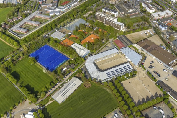 Aerial view, Deutsche Bank Stadium, Chio Aachen grounds at Sportpark Soers, Laurensberg, Aachen, Rhineland, North Rhine-Westphalia, Germany, CHIO Aachen, Sportpark Soers, sports facility, equestrian sport, leisure, architecture, green spaces, open air, stadium, competition, venue, terrain, urban, leisure facility, equestrian sport, international, aerial view, landscape, urban area, German architecture, exterior view, major event, sporting event, culture, tradition, Aachen Cathedral, Europaplatz, city view, green, large, spacious, open space