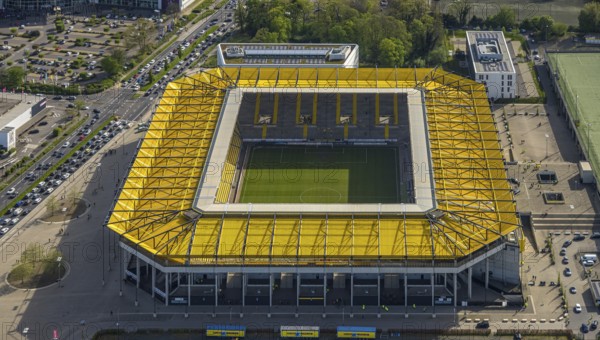 Aerial view, Aachen Tivoli, football stadium in Soers sports park, home ground of Alemannia Aachen football club, Laurensberg, Aachen, Rhineland, North Rhine-Westphalia, Germany, football stadium, Soers sports park, home ground, football club, Alemannia Aachen, architecture, sport, leisure, stadium, pitch, stands, green area, exterior view, open air, daylight, urban, urban, building, infrastructure, event location, aerial view, perspective, panorama, landscape, green, top view, wide field