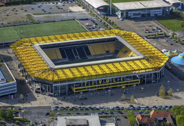 Aerial view, Aachen Tivoli, football stadium in Soers sports park, home ground of Alemannia Aachen football club, Laurensberg, Aachen, Rhineland, North Rhine-Westphalia, Germany, football stadium, Soers sports park, home ground, football club, Alemannia Aachen, architecture, exterior view, sport, infrastructure, daylight, green area, seating, pitch, leisure, entertainment, event venue, competition, urban, top view, open-air, stadium, major event, capacity, grounds, community, facility