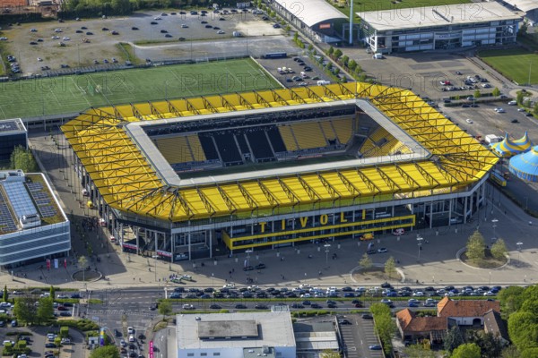 Aerial view, Aachener Tivoli, football stadium at Sportpark Soers, home ground of Alemannia Aachen football club, Laurensberg, Aachen, Rhineland, North Rhine-Westphalia, Germany, football stadium, Sportpark Soers, home ground, football club, Alemannia Aachen, sport, architecture, leisure, outdoor, green space, pitch, stands, seating, stadium, city, urban, infrastructure, aerial view, daylight, summer, venue, football, fans, competition, grass, match day, open air, Europe, German culture